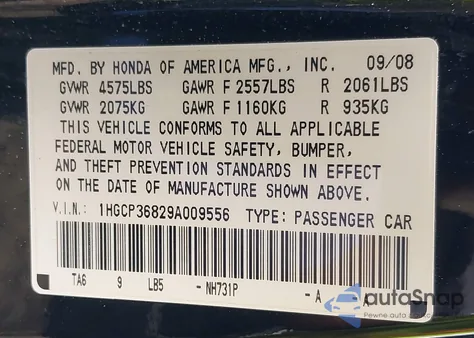 2009 Honda Accord Sdn 3.5 Ex-L/Ex-L from USA, damaged, VIN 1HGCP36829A009556